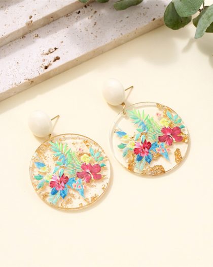 Colorful Round Transparent Flower Resin Drop Earrings