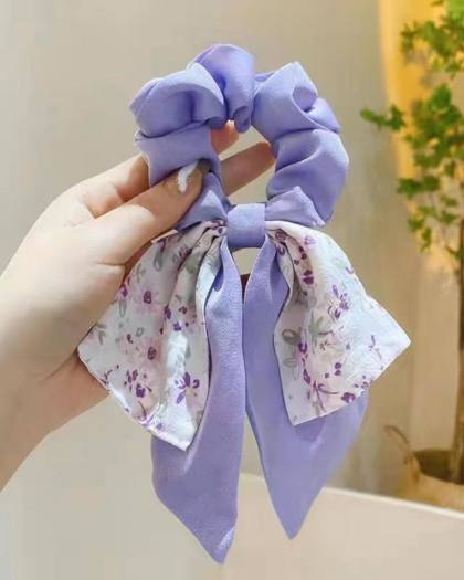 Sweet Flower Printed Bow Scrunchies Elastic, Purple